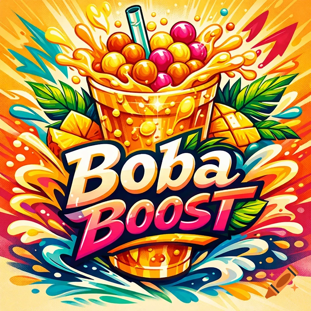 A vibrant, colorful logo for Boba Boost, featuring a glass of boba tea with tropical fruit splashes and dynamic shapes.