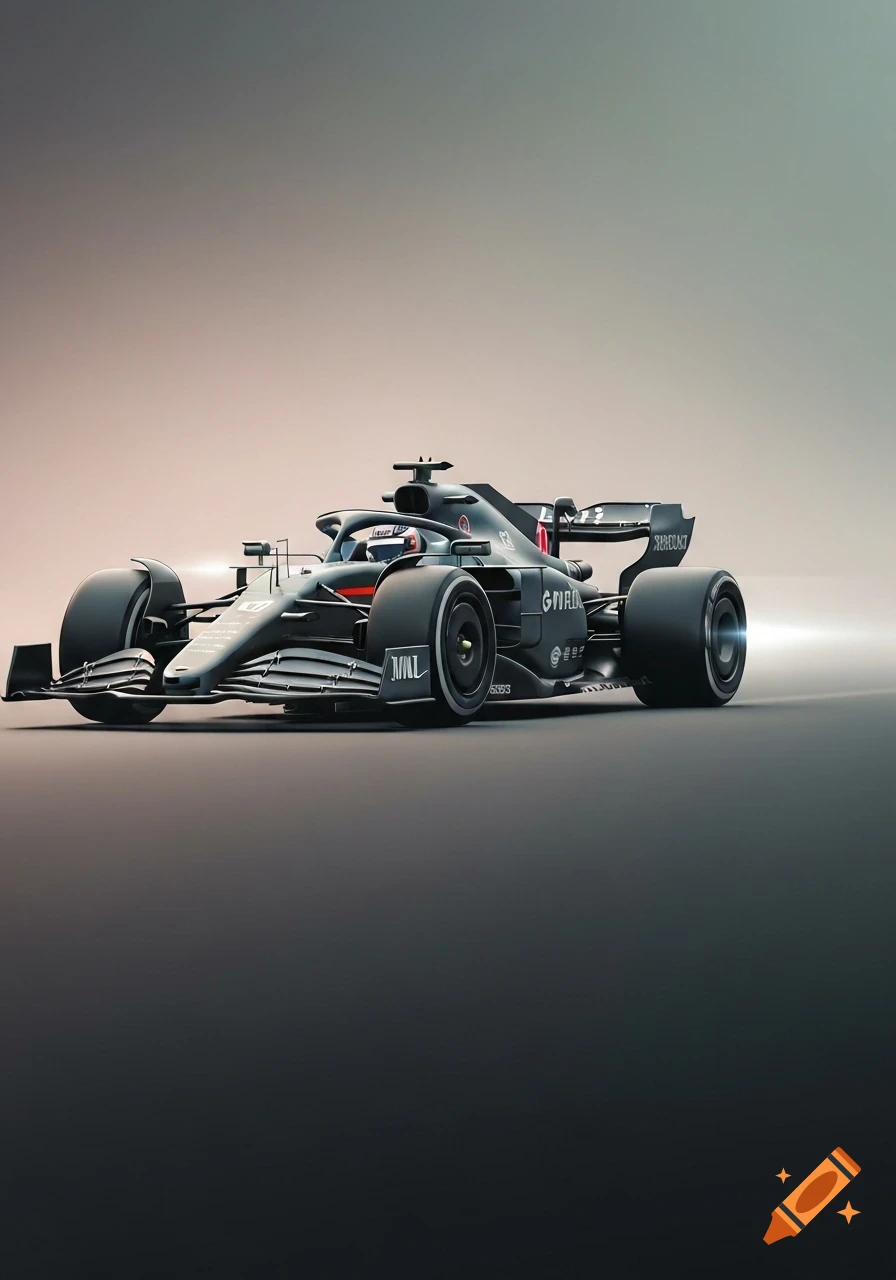 A minimalist, dark gray Formula 1 race car with red accents, viewed from the side, on a gradient gray background.