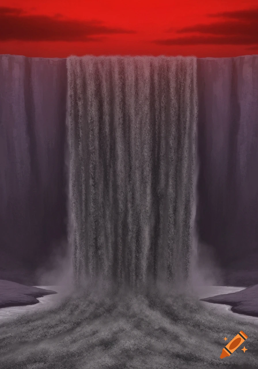 A dark grey dust waterfall cascades down a purplish cliff under an eerie blood-red sky, with the stream flowing towards the viewer.
