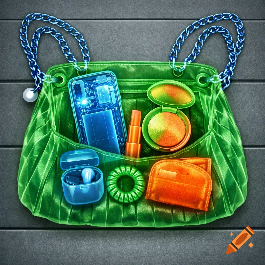 Top-down X-ray scan of a green pleated handbag showing a smartphone, lipstick, makeup compact, earbud case, hair tie, and wallet.