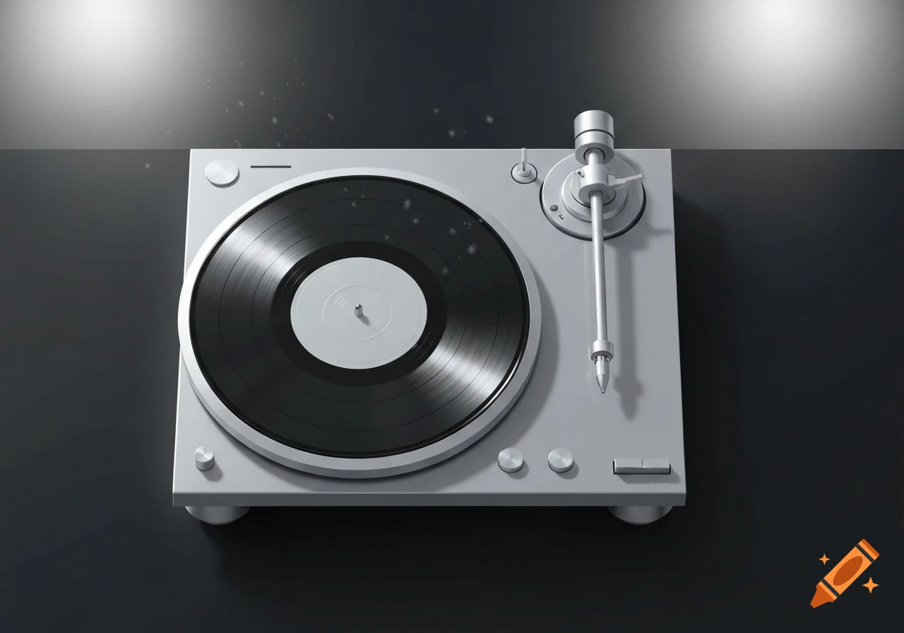 A silver turntable with a black vinyl record, viewed from directly above on a dark surface.