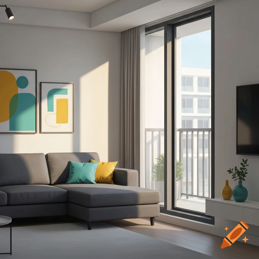 A modern living room with a grey sectional sofa, colorful pillows, abstract art, and a large balcony overlooking city buildings.