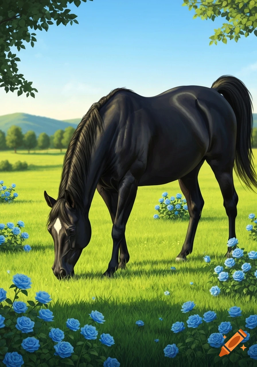 A black horse with a white blaze grazes in a lush green field filled with bright blue roses under a clear sky.