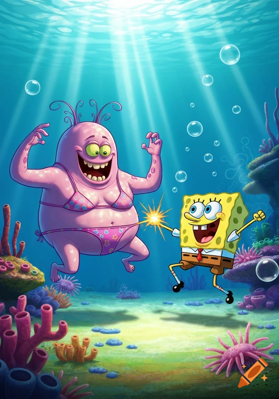 A cartoon SpongeBob SquarePants and a large pink monster in a bikini interact underwater among colorful coral.