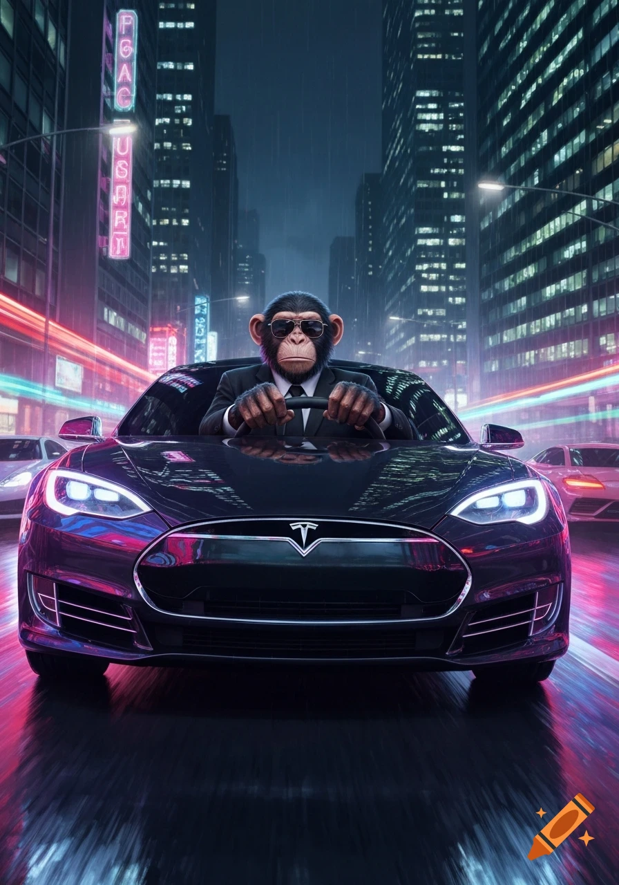 A chimpanzee in a suit and sunglasses drives a black Tesla through a neon-lit, rainy city street at night, with motion blur.