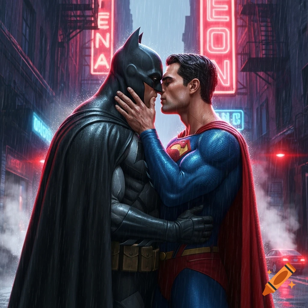 Batman and Superman share a passionate kiss in the rain under neon city lights.