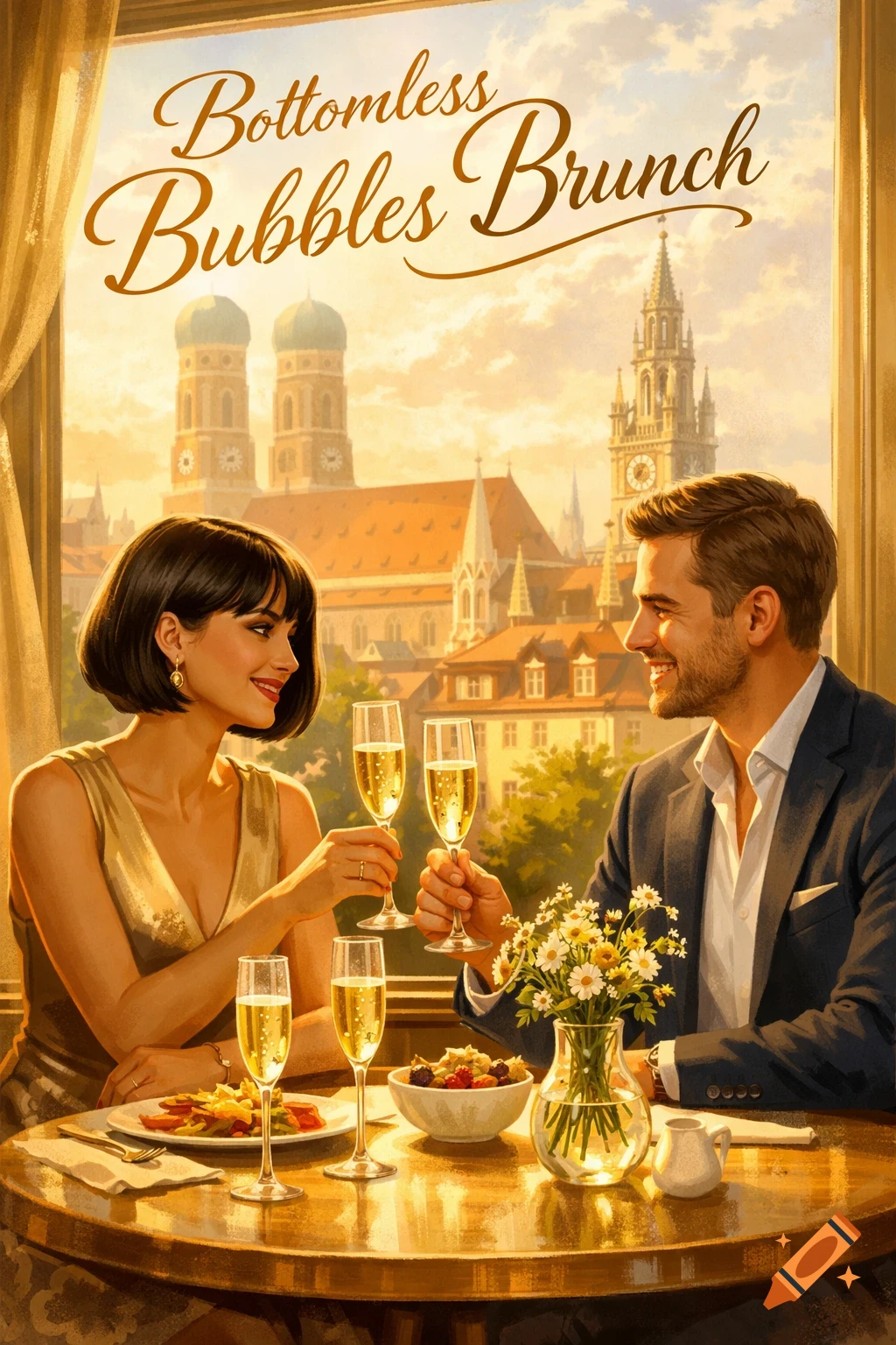 Illustrated couple toasting champagne at a bottomless bubbles brunch, with a city skyline featuring towers in the background.