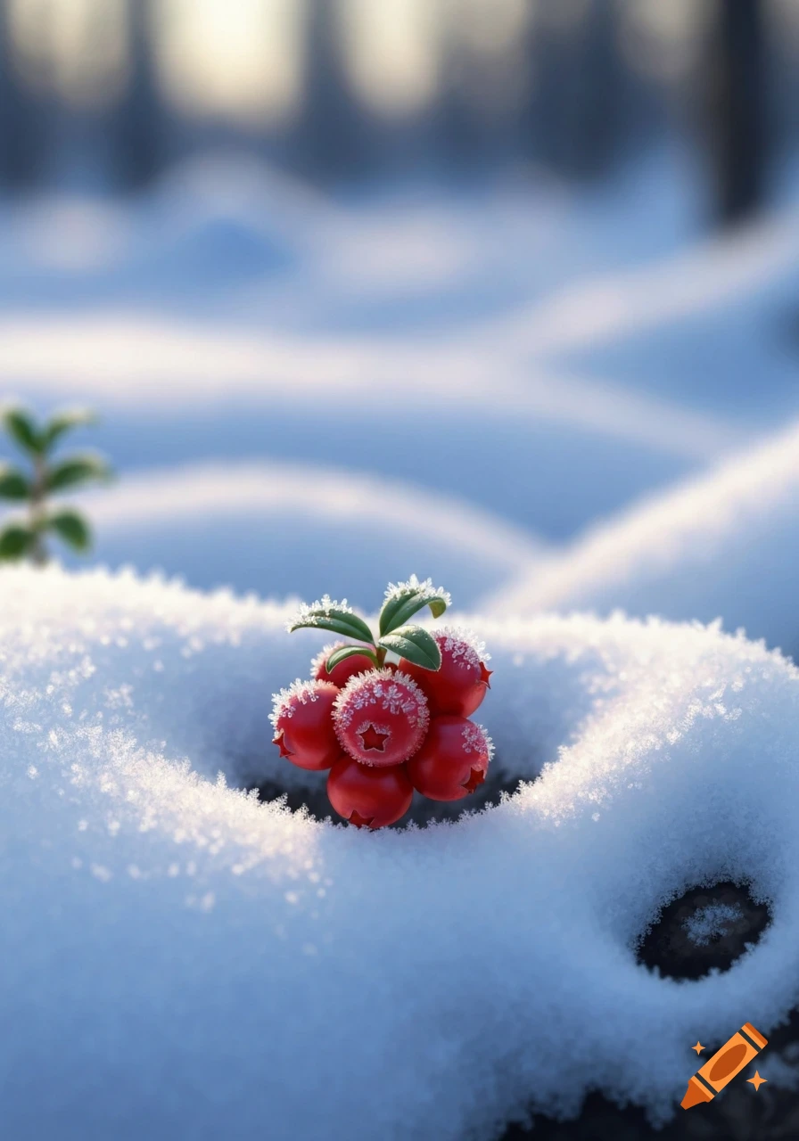 Photorealistic close-up of frost-covered red berries with green leaves nestled in soft white snow.