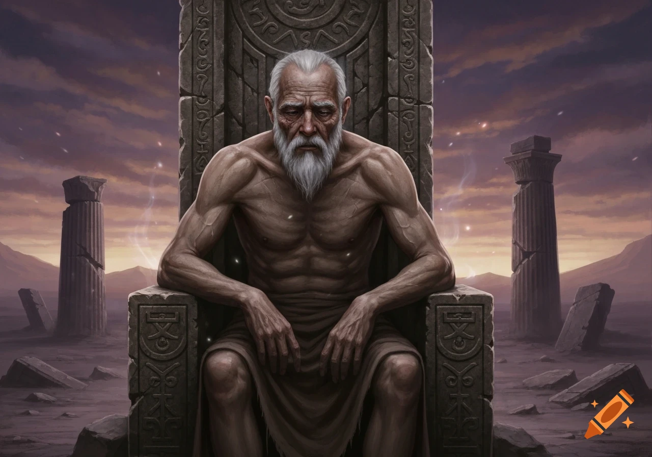 An old, emaciated man with a long white beard sits contemplatively on an ornate stone throne amidst desolate ruins under a cloudy sky.