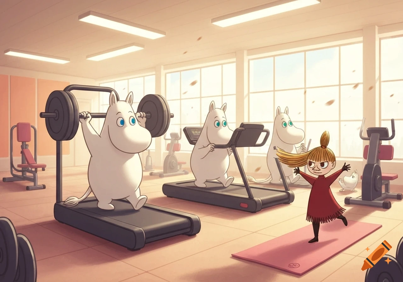 Moomins and Little My working out in a brightly lit gym, with Moomins on treadmills and weightlifting, and Little My posing on a yoga mat.
