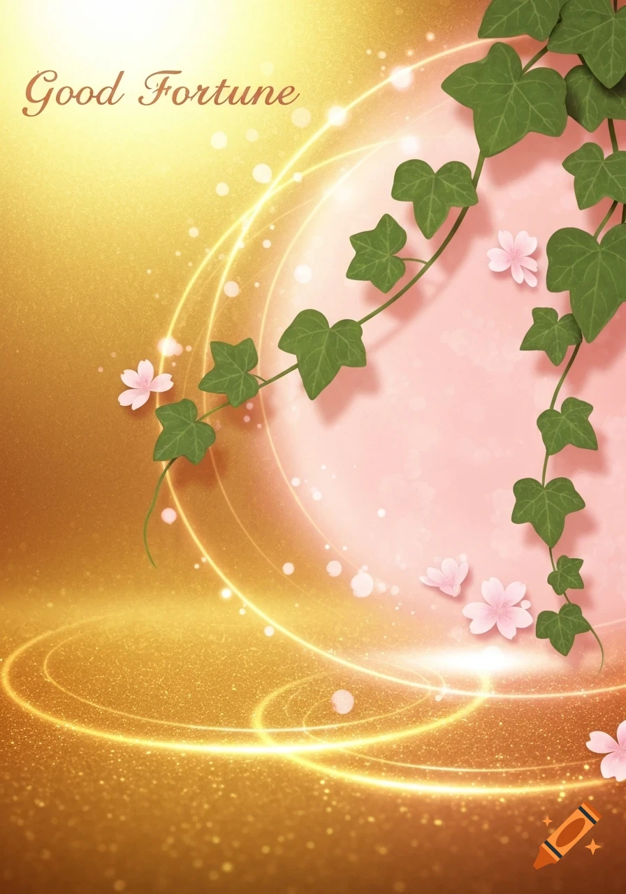 Golden and pink abstract background with glowing lines, sparkles, green ivy vines, small pink flowers, and 'Good Fortune' text.