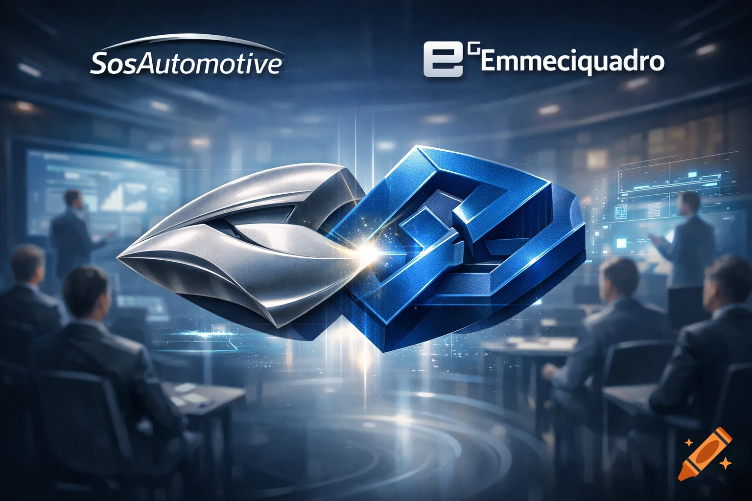 Interlocking silver and blue abstract logos "SosAutomotive" and "Emmeciquadro" in a futuristic corporate meeting room.