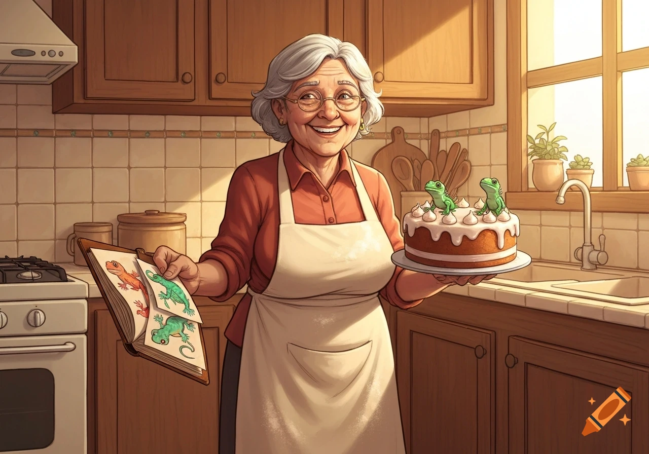 Smiling grandma in an apron holds a cake with frog decorations and a book of lizard drawings in a sunlit kitchen.