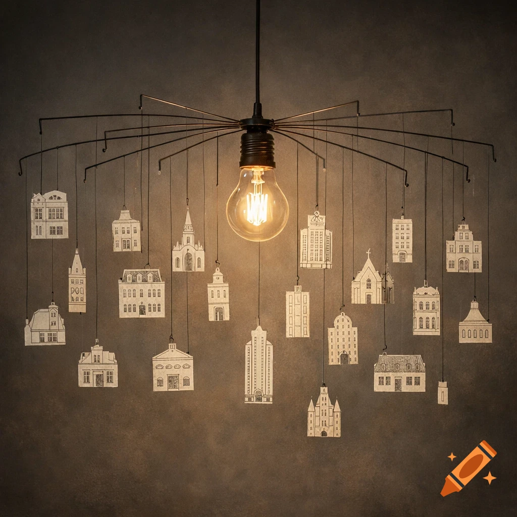 A central glowing lightbulb illuminates an array of small, white paper cutout buildings hanging from wires against a dark background.
