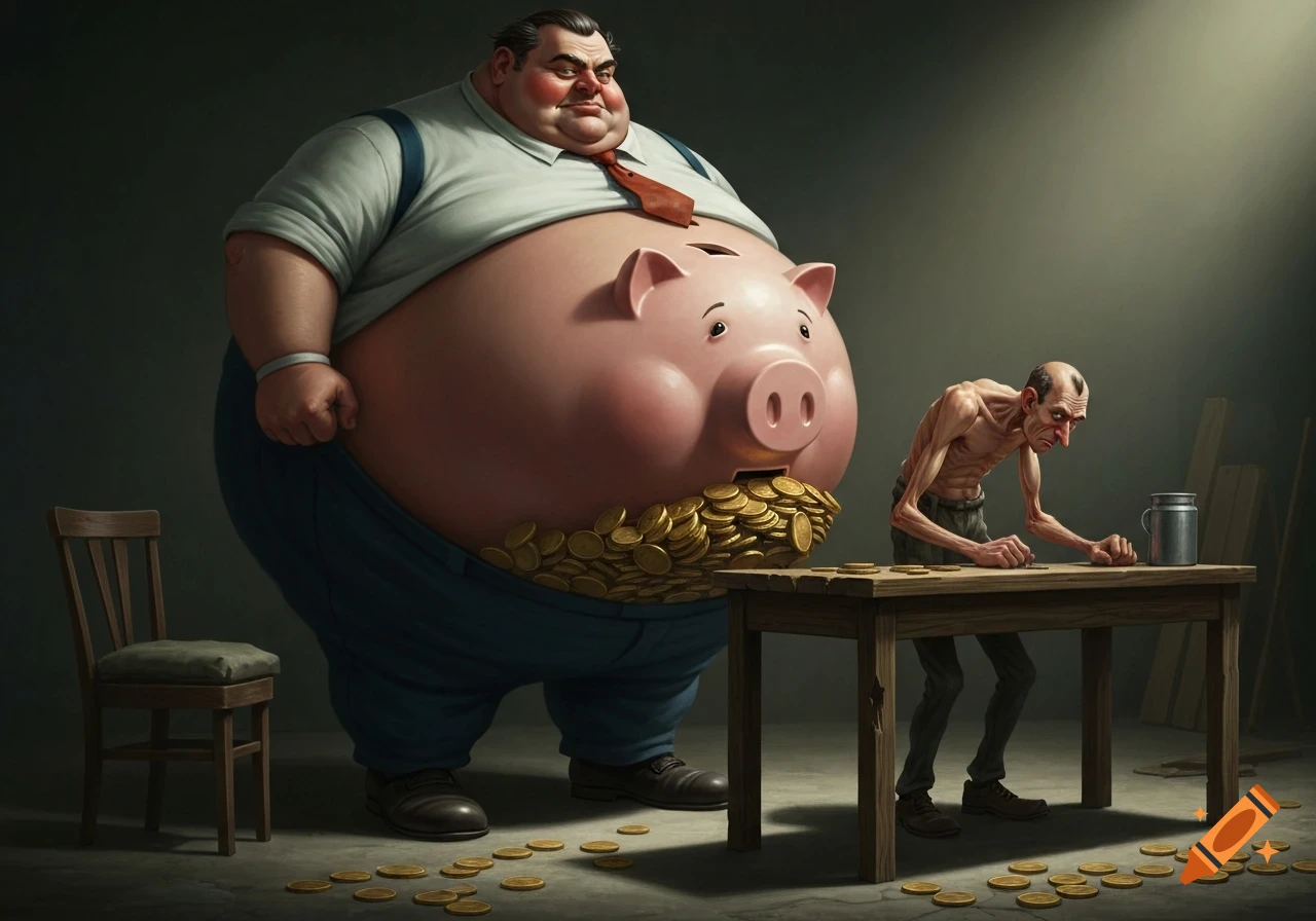 Political cartoon: An obese man with a piggy bank belly overflowing with gold coins watches a gaunt man collect coins from a table.