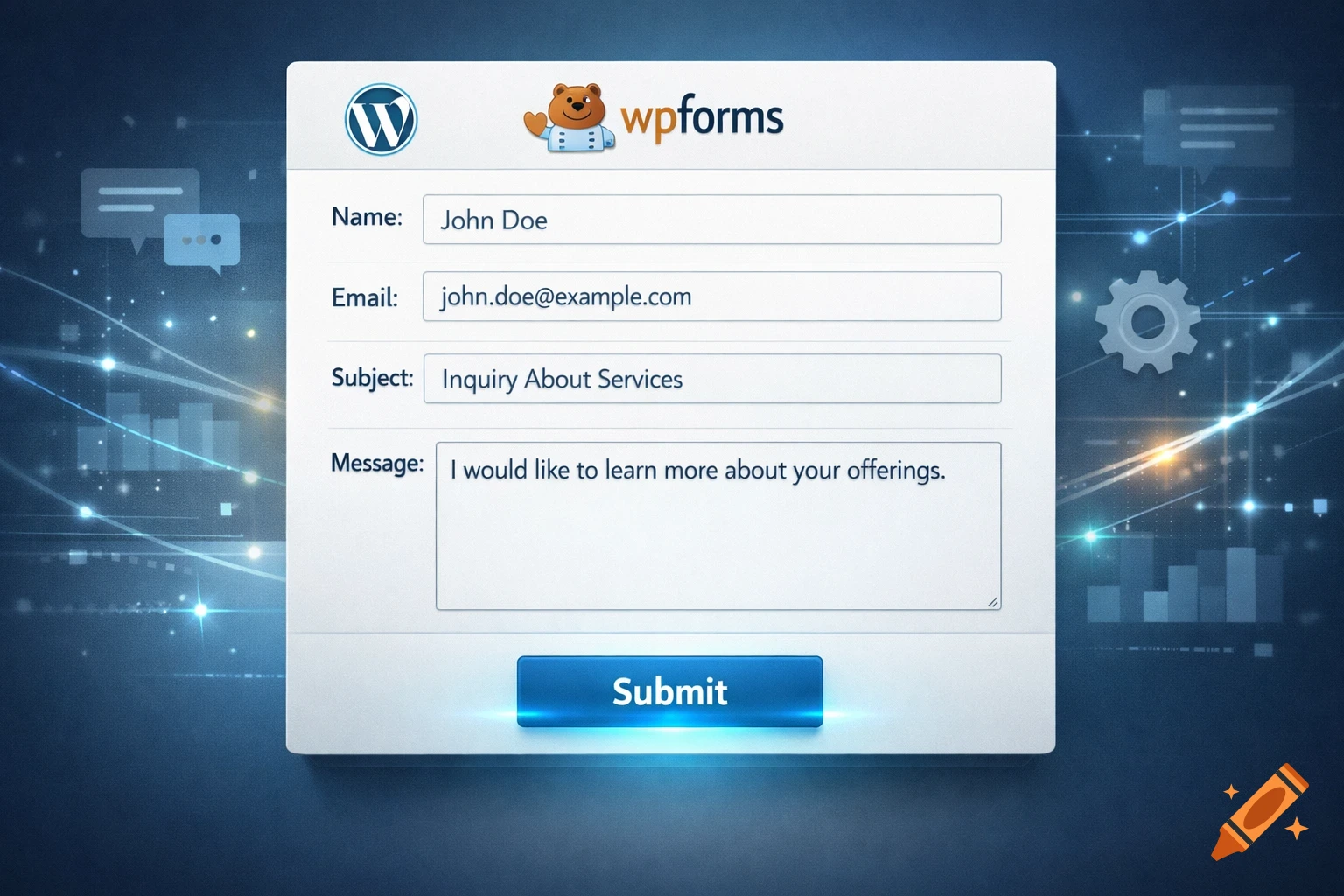 A WPforms contact form interface with example details like 'John Doe' and 'Inquiry About Services', set against a glowing digital background.