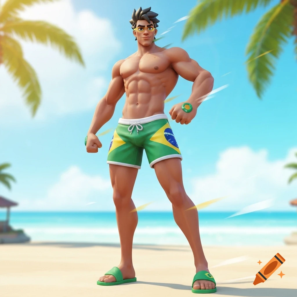 Muscular male character in green Brazilian flag swim trunks and sandals on a sunny beach with palm trees, in a stylized 3D video game art style.