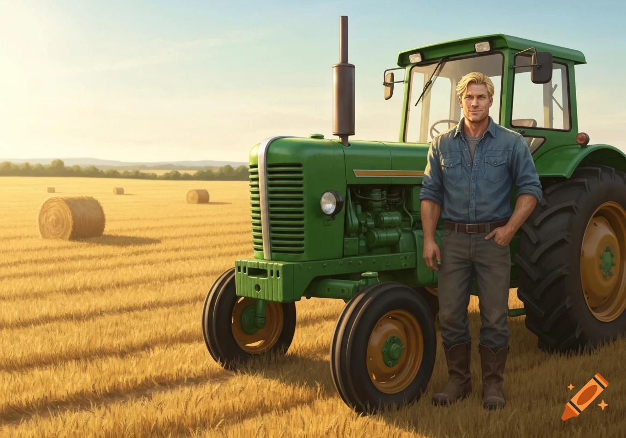 A blonde man stands proudly next to a green tractor in a golden wheat field with hay bales under a sunset sky, photorealistic.