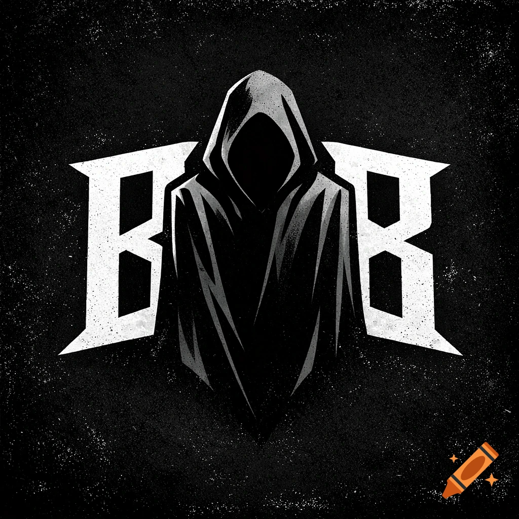A black and white logo with a dark, faceless hooded figure in a long robe, flanked by two stylized capital 'B' letters facing outwards on a textured black background.