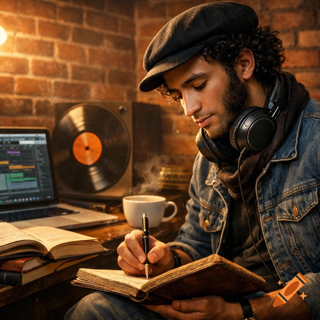 A young man with curly hair and a cap, wearing headphones, writes in a leather journal next to a laptop and coffee in a cozy, brick-walled studio. Photorealistic style.