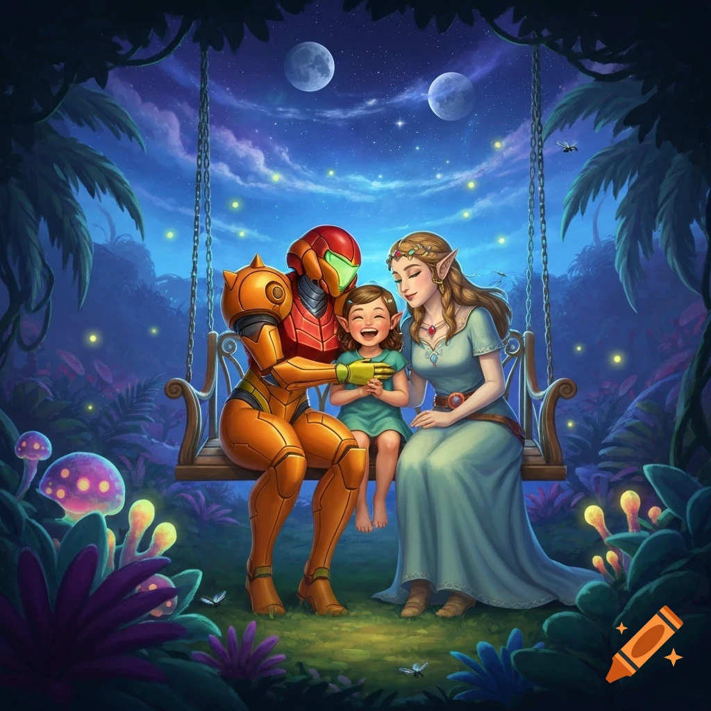 Samus Aran and Princess Zelda sit on a swing with their happy daughter on a tropical alien planet at night, with glowing flora and two moons.