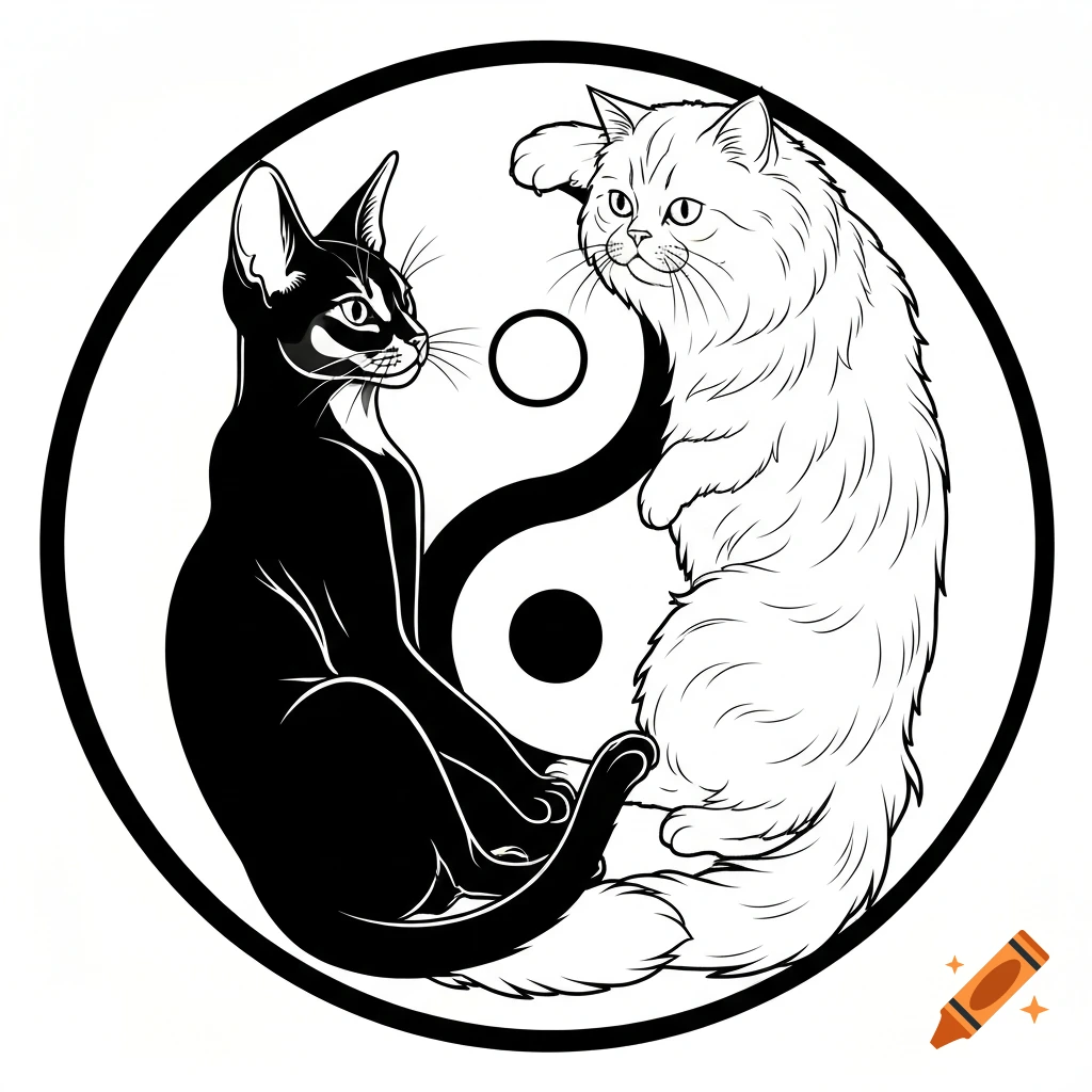 Black Abyssinian cat and fluffy white cat intertwined to form a yin-yang symbol in a black and white tattoo design.
