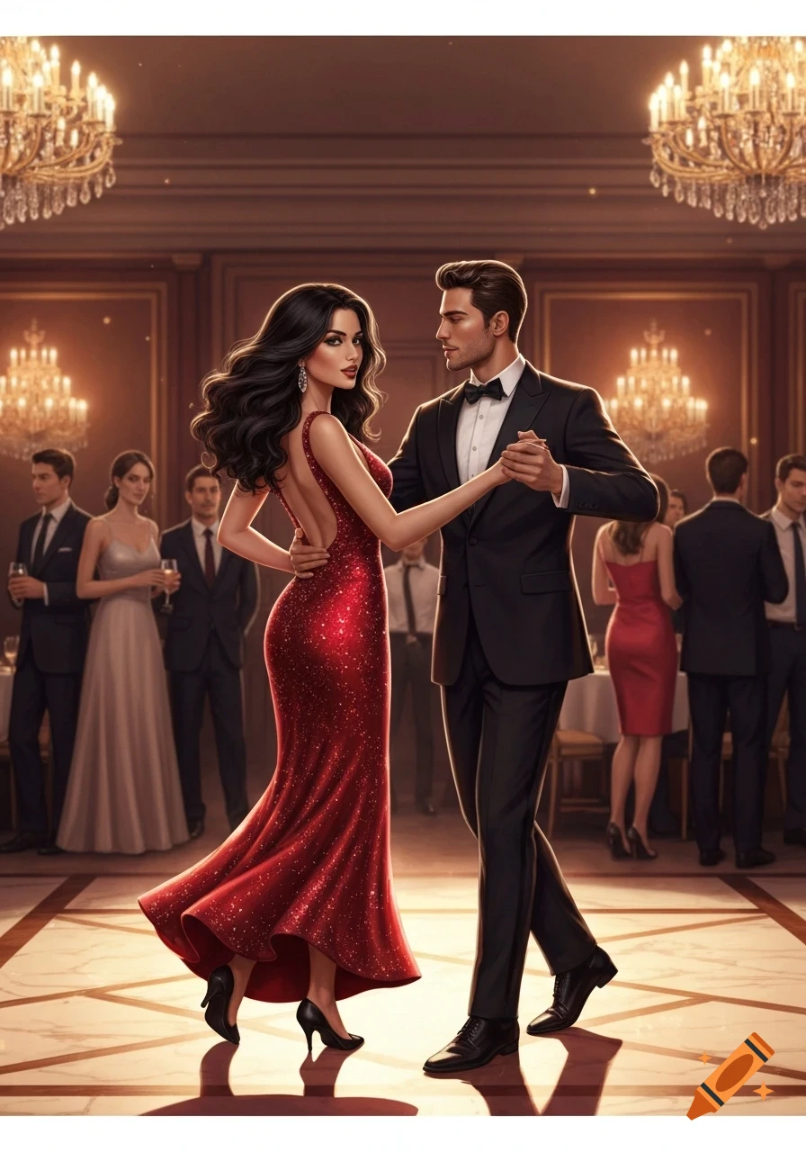 A man in a tuxedo and a woman in a red glittery gown dancing elegantly in a luxurious ballroom with chandeliers.