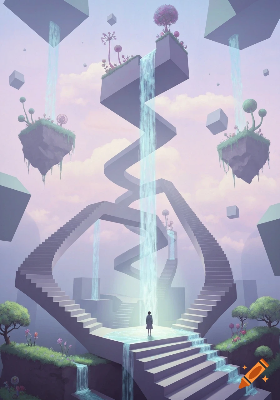 A person stands on a platform in a surreal landscape with intertwining stairs, floating islands, and waterfalls under a pink sky, digital art.