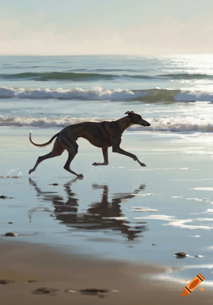 Impressionistic painting of a greyhound dog running through shallow water on a sunny beach with waves.