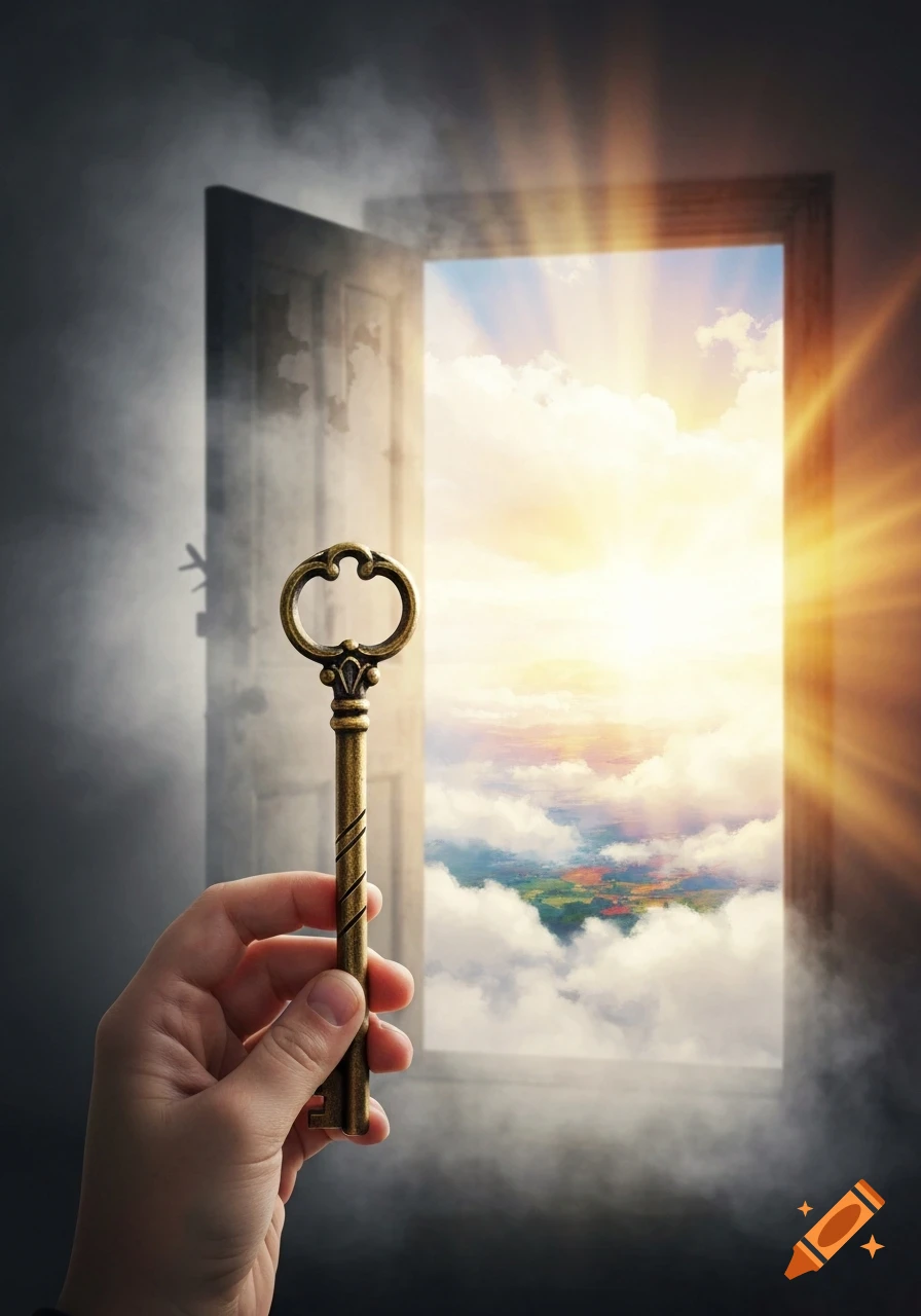 A hand holds an ornate golden key before an open door revealing a bright sky, clouds, and a colorful landscape.