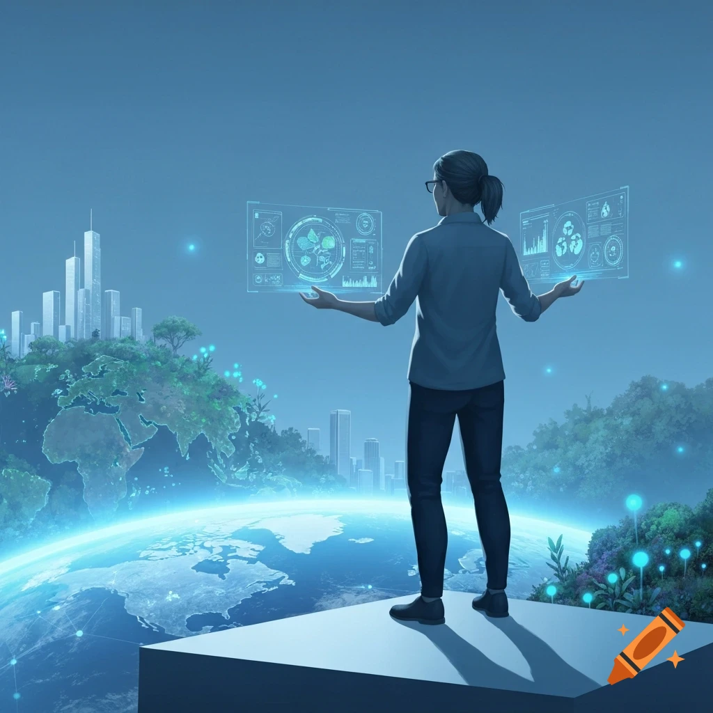 A person stands on a platform, viewing glowing holographic displays above a futuristic Earth with green continents and towering cities.