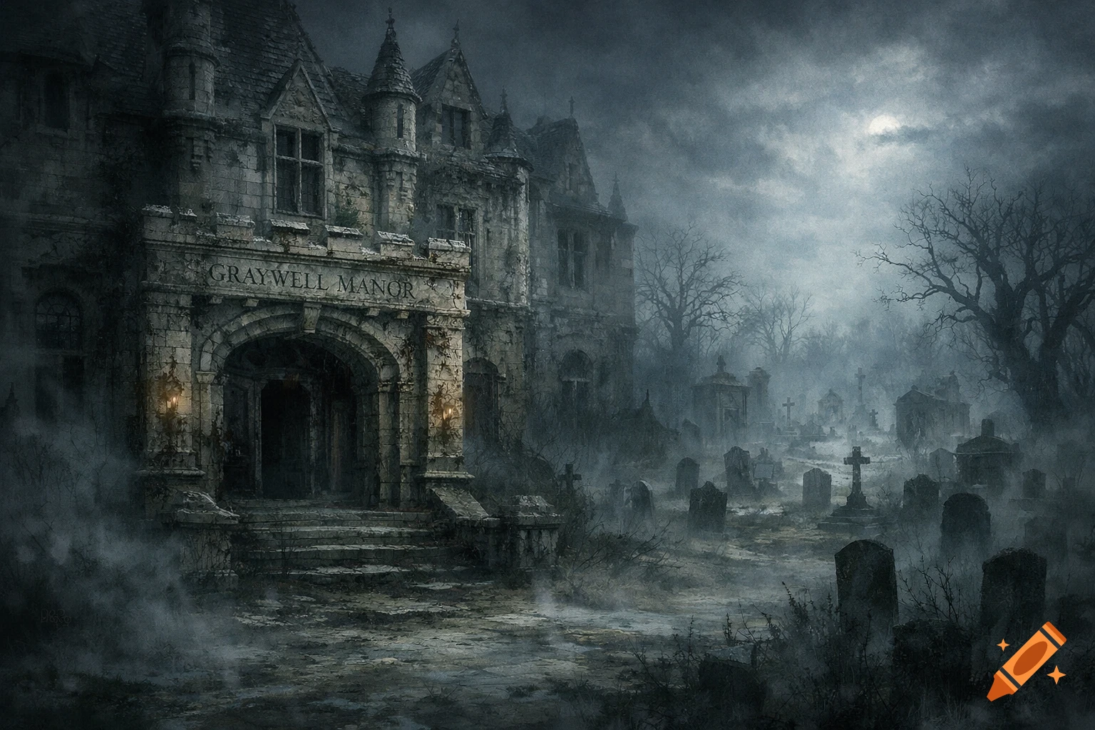 A detailed, dark image of a decaying gothic manor with 'GRAYWELL MANOR' above its entrance, next to a misty cemetery.