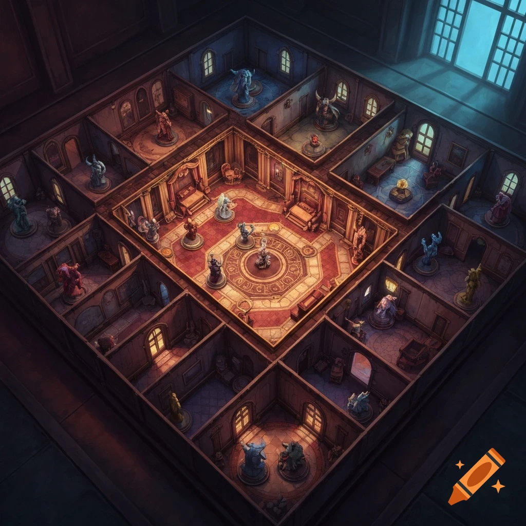 Isometric view of a detailed board game map resembling a multi-room hotel or mansion, with miniature figures in various ornate rooms.