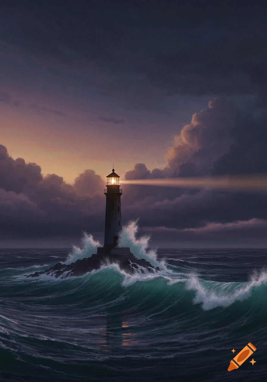 A lighthouse on a rocky island shines a beam across a dark, stormy sea with crashing waves under a dramatic sunset sky.