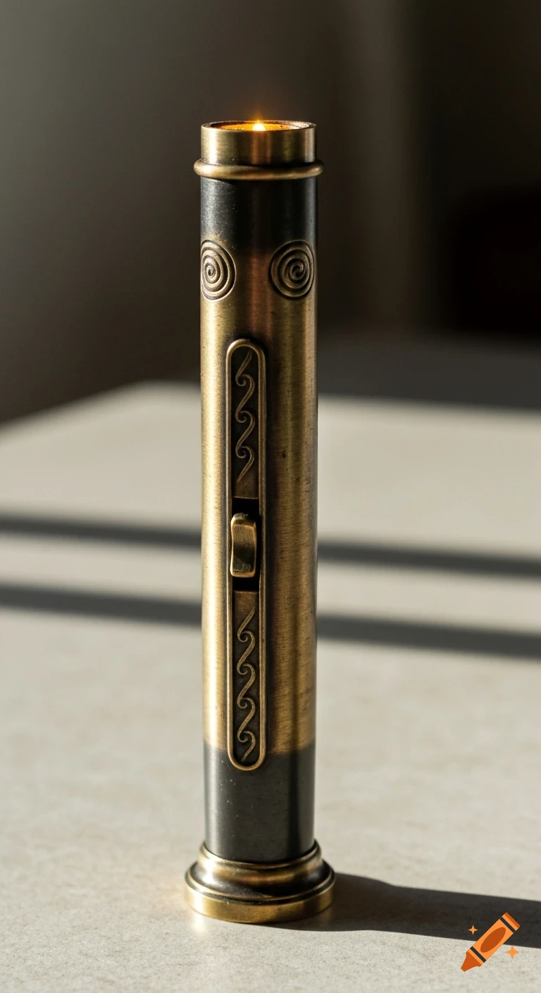 A realistic close-up of a long, slender magical device made of aged bronze and dark brass with spiral engravings and a soft amber glow from the top.