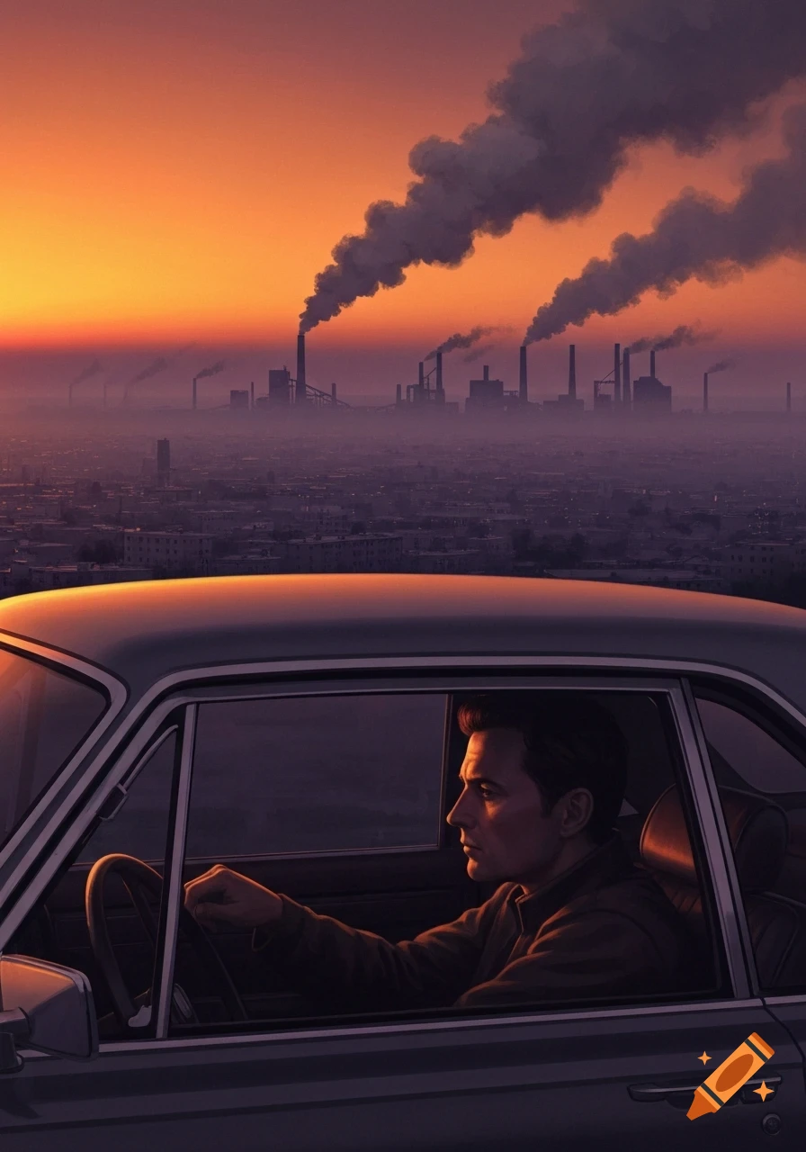 A man drives a car, silhouetted against an orange sunset over a sprawling industrial city with smoking factories.