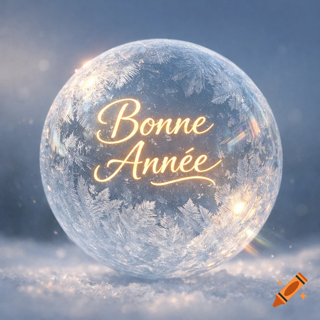A luminous, frosted ice bubble with "Bonne Année" glowing inside, resting on sparkling snow, against a soft blue background.