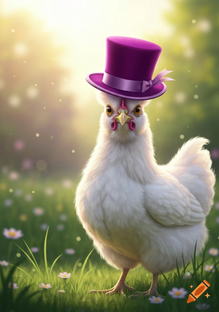 A fluffy white silkie chicken wearing a purple velvet top hat stands in a sunny grassy field with small white flowers.