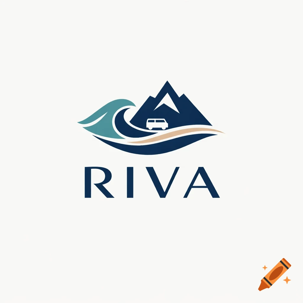 Minimalist logo with a teal wave, dark blue mountains, a white van, and the word RIVA below, on a white background.