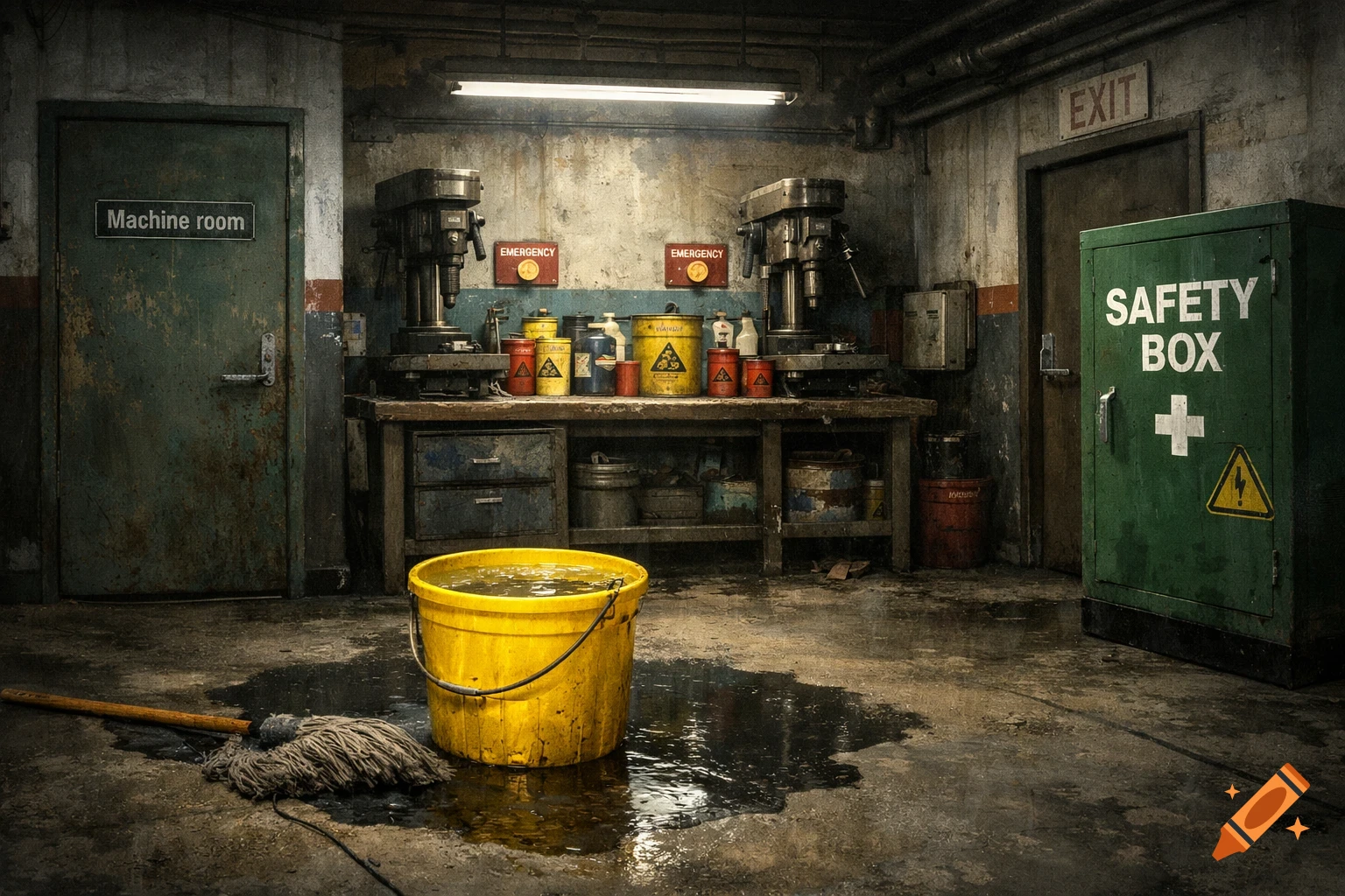 A dirty, gritty factory workshop with two drill presses, a green safety box, a yellow bucket, and a mop.
