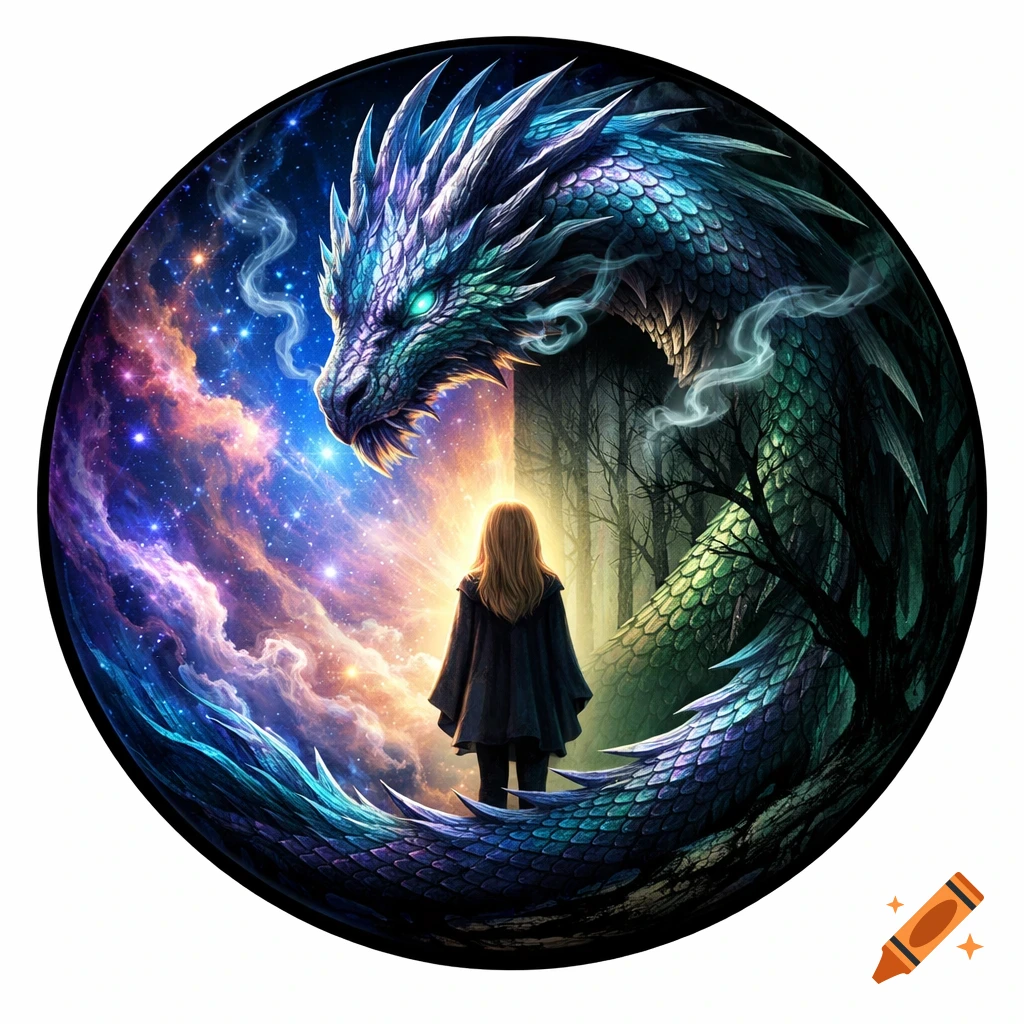 A blonde girl stands between a cosmic nebula and a dark forest, facing a majestic blue-green dragon in a mystical round illustration.