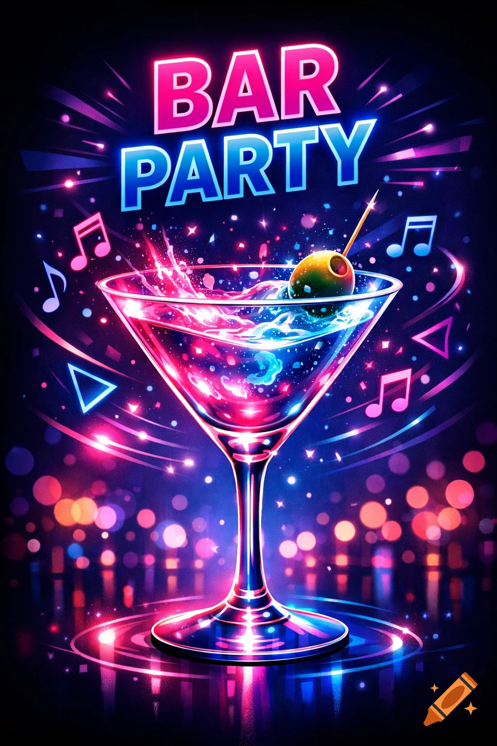 A vibrant neon-lit poster for a 'BAR PARTY' with a martini glass, an olive, and musical notes amidst glowing bokeh lights.