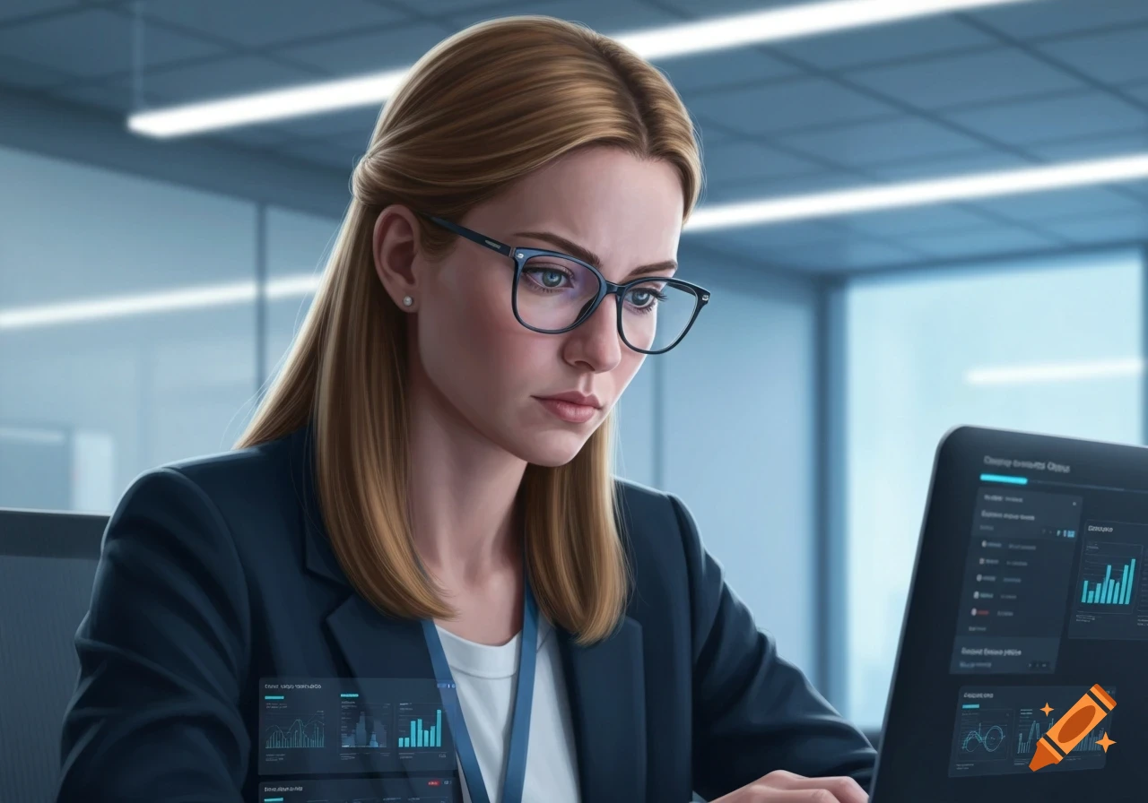 A young woman with glasses and blonde hair in a professional setting works intently on a laptop displaying data visualizations.