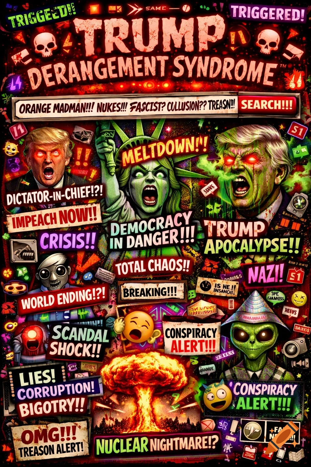 A vibrant, chaotic political satire collage titled 'Trump Derangement Syndrome' featuring screaming faces of Trump and Lady Liberty, skulls, a mushroom cloud, and alarmist text.