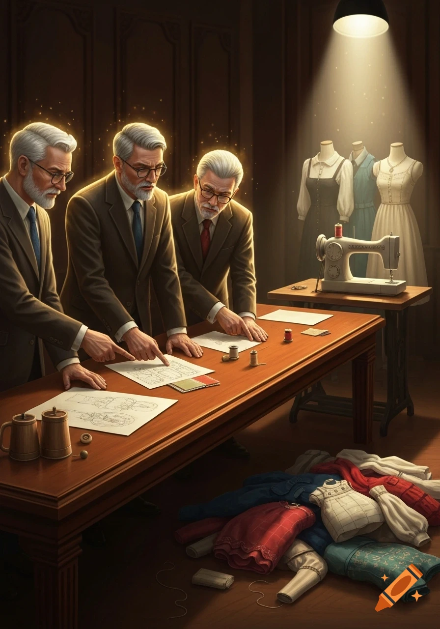 Three men with glowing auras review fashion designs on a table, with mannequins, a sewing machine, and clothes in a dimly lit room.