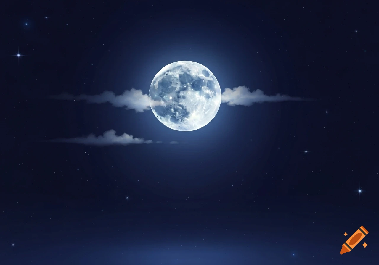 A bright full moon partially obscured by wispy clouds in a dark, star-filled night sky.
