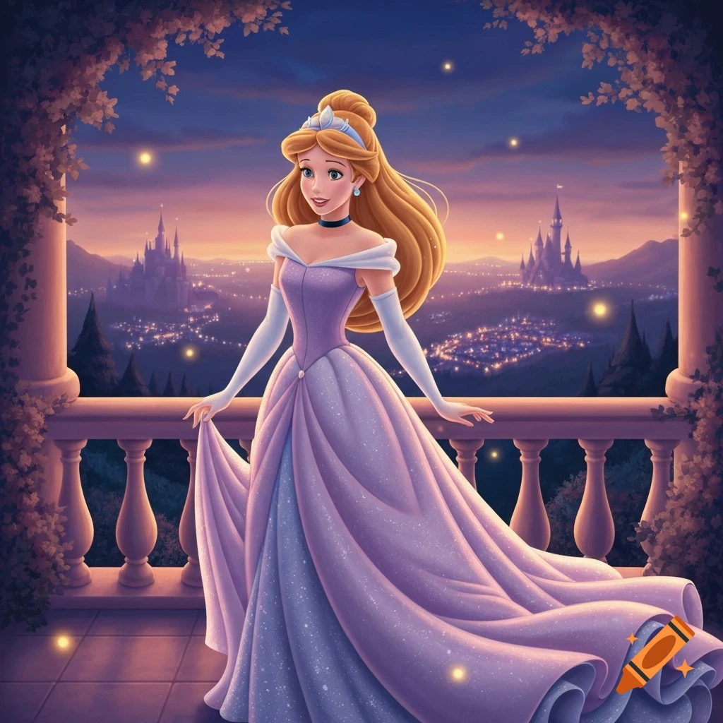 An animated Disney-style princess in a sparkling purple gown stands on a balcony overlooking a city and castles at dusk.