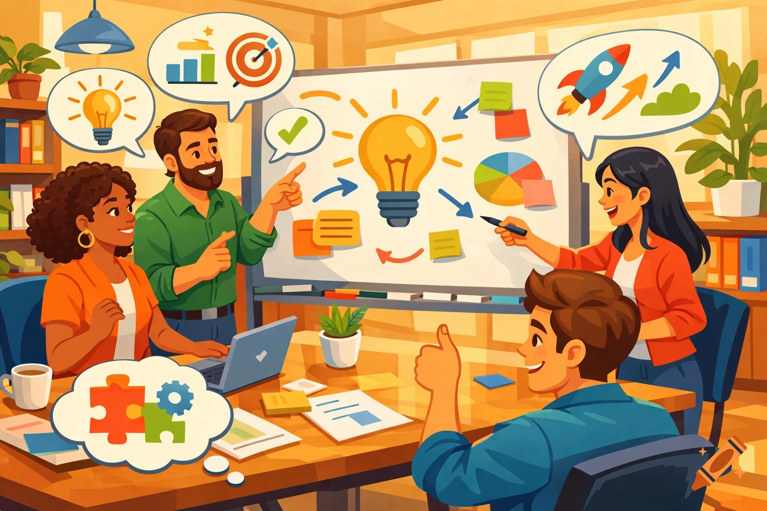 Cartoon illustration of four diverse people brainstorming and collaborating around a whiteboard filled with ideas and charts.
