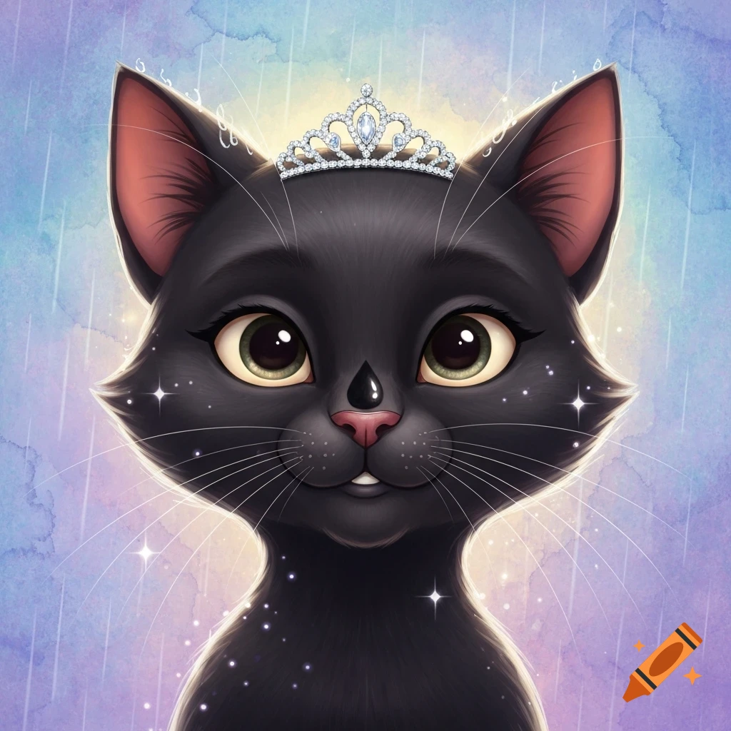 Close-up cartoon black cat wearing a diamond tiara, with big green eyes, pink nose, and a black teardrop mark, on a watercolor background.