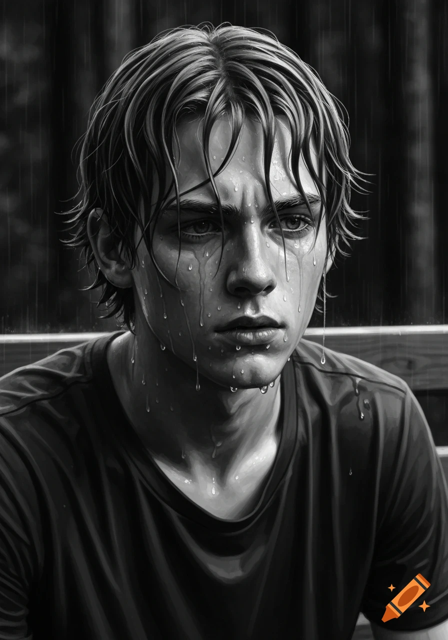 Photorealistic black and white portrait of a young, wet man with water dripping from his hair and face, looking distraught.